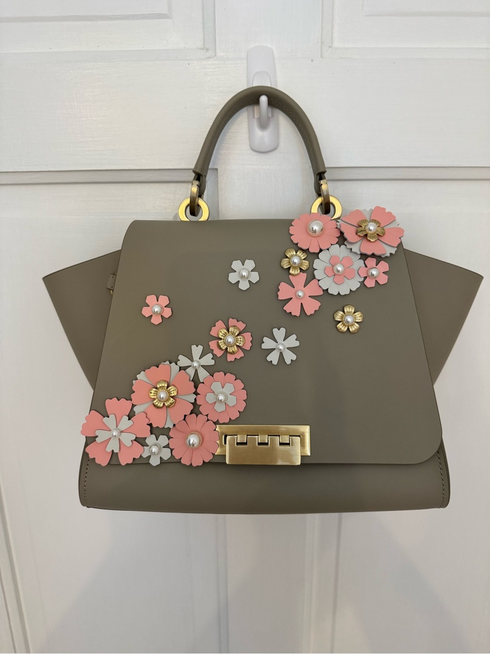 Zac Posen Taupe Satchel with Pink and White Floral Appliqués